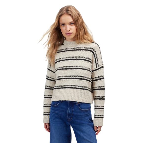 Madewell Eyelash Yarn Stripe Crewneck Sweater Cream Black Small NWT - Picture 1 of 9